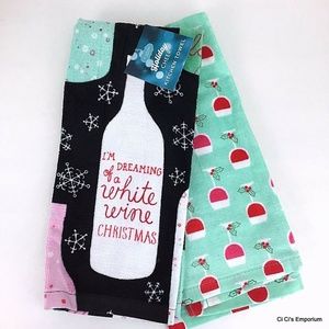 White Wine Christmas Kitchen Towels Set of 2